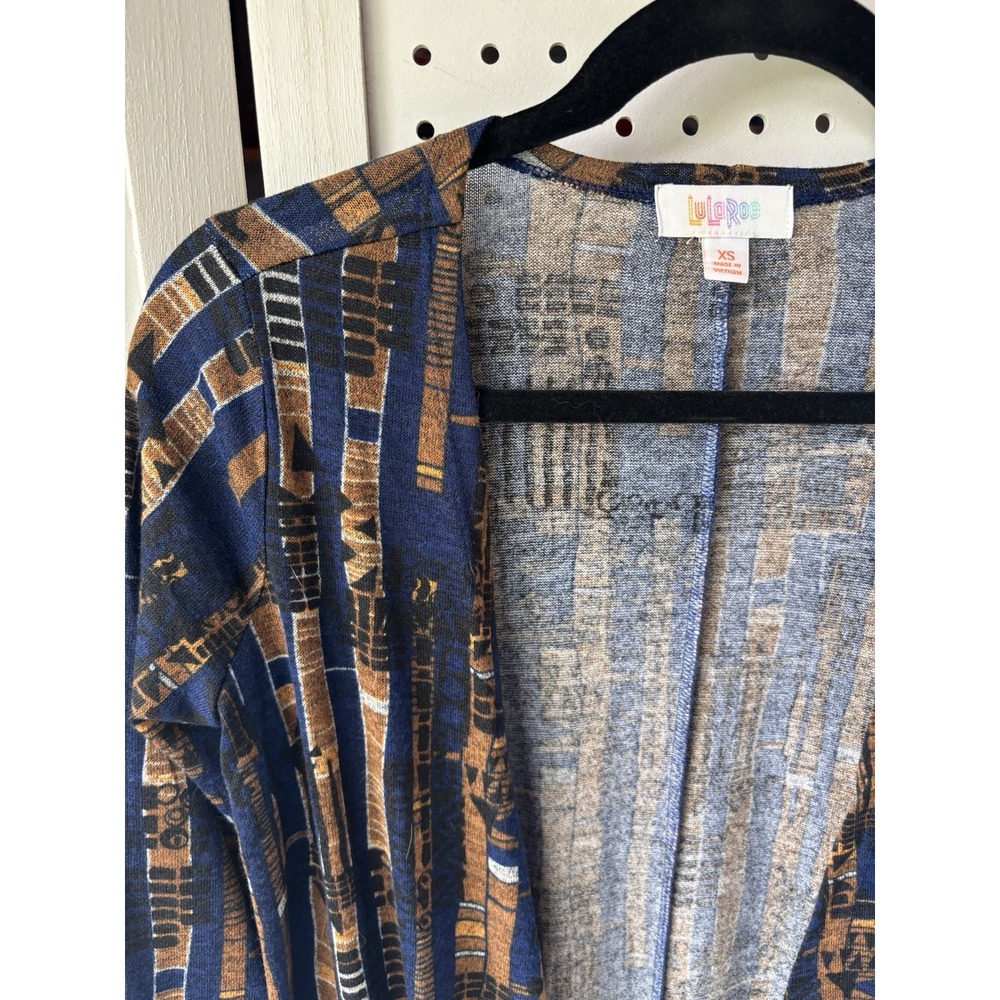 NWT Lularoe Sarah Duster Cardigan XS Blue Brown Geometric Print - Picture 3 of 7